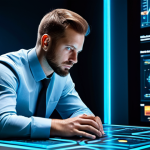 A focused professional game strategist, fully clothed in a sleek, modest business casual outfit, intently analyzing holographic projections of vibrant 'Spirit Cards' and intricate game statistics. The setting is a modern, high-tech gaming command center, with ambient futuristic lighting casting soft glows from the multiple displays. The strategist is in a natural, contemplative pose, hands resting on a glowing interface, embodying deep strategic thought and precision. Perfect anatomy, correct proportions, natural pose, well-formed hands, proper finger count, natural body proportions, professional photography, high quality, safe for work, appropriate content, fully clothed, professional.
