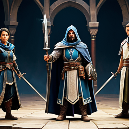 Home 18 A professional, diverse group of three fantasy adventurers, including a robed spellcaster, an armored warrior, and a nimble scout, standing in a large, well-lit fantasy training arena. They are posed naturally, demonstrating teamwork and strategic coordination, with no direct combat action, focusing on skill preparation. Each character is fully clothed in modest, detailed, and appropriate fantasy attire suitable for their role. The environment is rich with intricate fantasy architecture. professional photography, high quality, realistic style, perfect anatomy, correct proportions, natural body proportions, well-formed hands, proper finger count, safe for work, appropriate content, fully clothed, professional, family-friendly.
