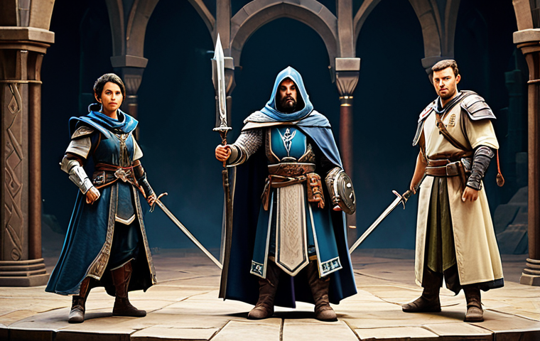 A professional, diverse group of three fantasy adventurers, including a robed spellcaster, an armored warrior, and a nimble scout, standing in a large, well-lit fantasy training arena. They are posed naturally, demonstrating teamwork and strategic coordination, with no direct combat action, focusing on skill preparation. Each character is fully clothed in modest, detailed, and appropriate fantasy attire suitable for their role. The environment is rich with intricate fantasy architecture. professional photography, high quality, realistic style, perfect anatomy, correct proportions, natural body proportions, well-formed hands, proper finger count, safe for work, appropriate content, fully clothed, professional, family-friendly.