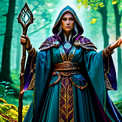 Home 17 **
A powerful sorceress in vibrant, ornate robes, channeling arcane energy in a lush, ancient forest clearing. Magical runes glow around her. Staff in hand, she is casting a potent spell. Perfect anatomy, well-formed hands, appropriate attire, dynamic pose, high fantasy art, epic scale. Safe for work, professional, appropriate content, fully clothed.
**