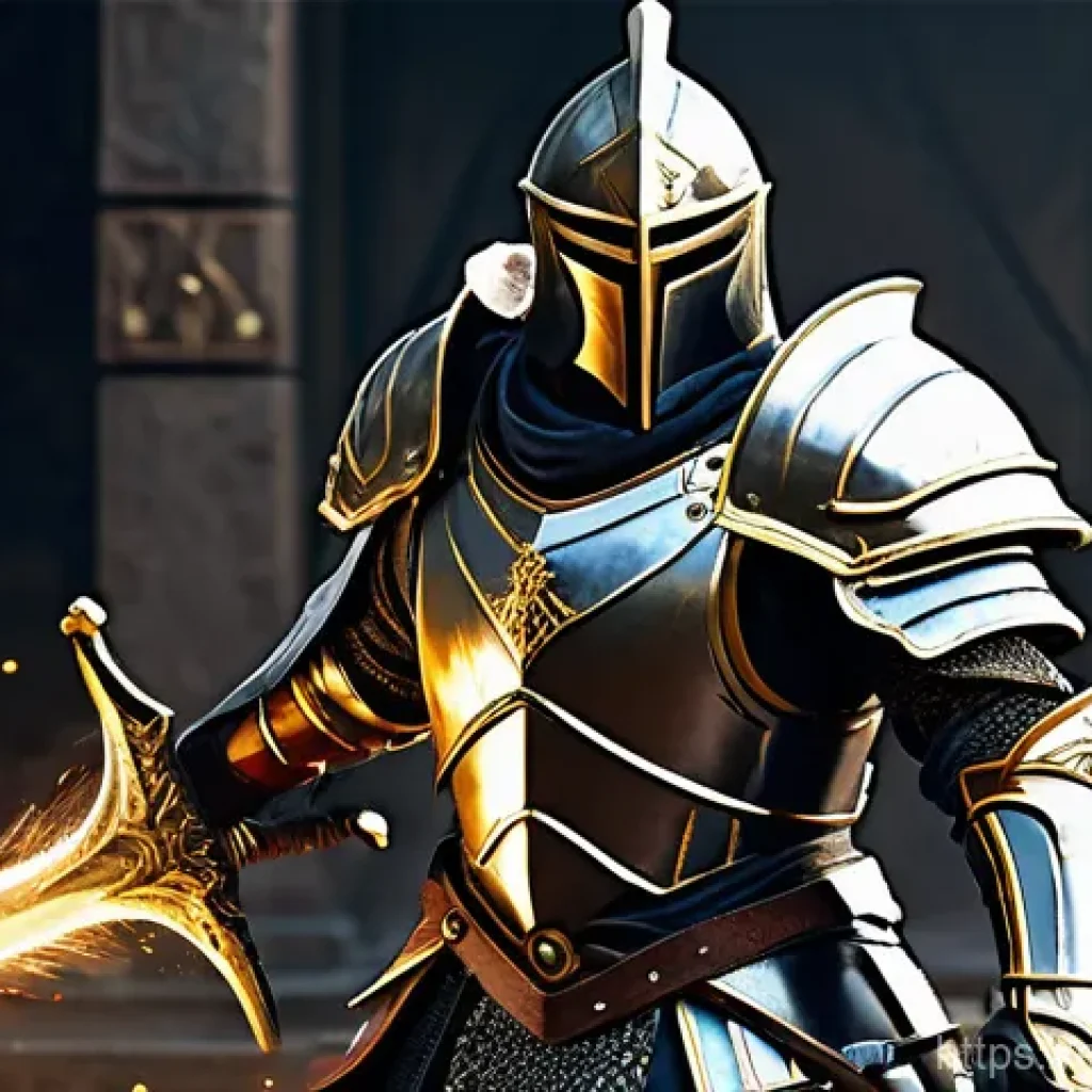 히트2 전직 방법 - **A mighty male Warrior, clad in full, ornate, dark steel plate armor with golden accents, stands fi...
