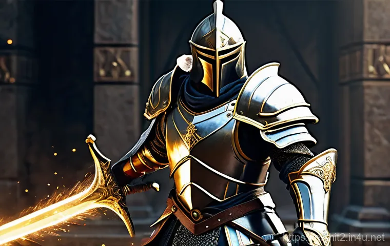 히트2 전직 방법 - **A mighty male Warrior, clad in full, ornate, dark steel plate armor with golden accents, stands fi...
