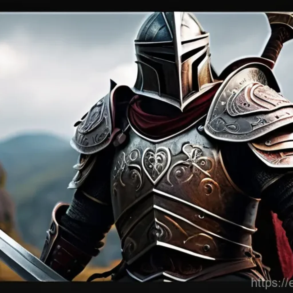 히트2 팬아트 및 스킨 제작 가이드 - An epic fantasy warrior standing in a majestic pose, clad in intricately detailed, battle-worn plate...