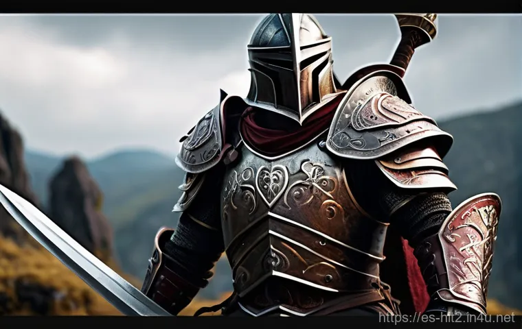 히트2 팬아트 및 스킨 제작 가이드 - An epic fantasy warrior standing in a majestic pose, clad in intricately detailed, battle-worn plate...