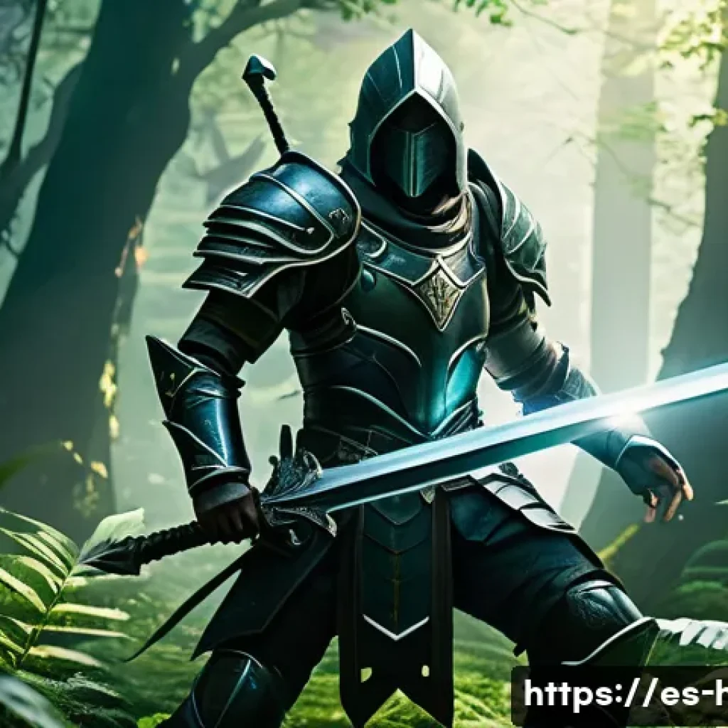 히트2 필수 아이템 추천 - A dynamic fantasy warrior wielding a legendary sword and wearing enhanced leather armor, posed in a ...