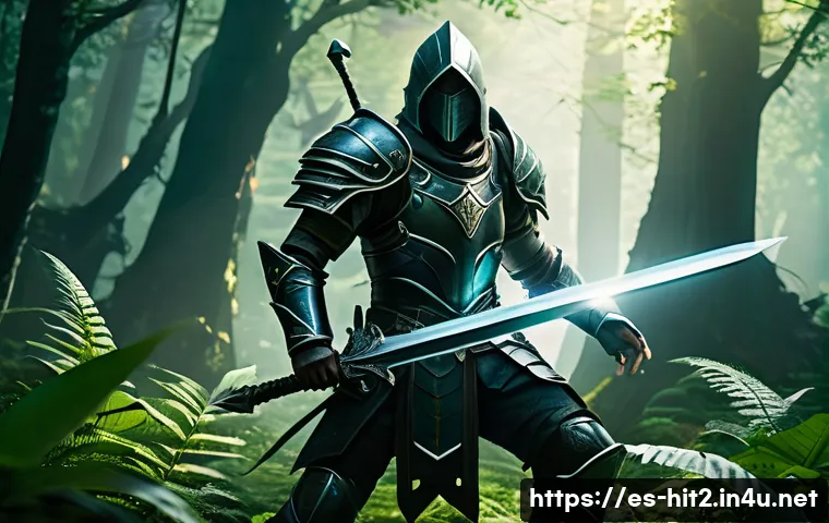 히트2 필수 아이템 추천 - A dynamic fantasy warrior wielding a legendary sword and wearing enhanced leather armor, posed in a ...