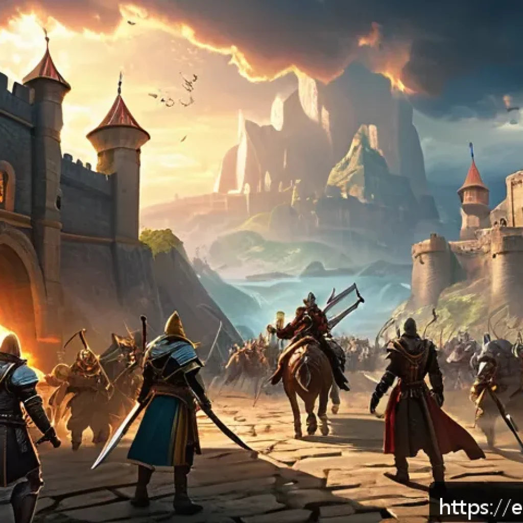 히트2 길드 활동 보상 정리 - A vibrant guild battle scene in a fantasy MMORPG setting, featuring diverse players in detailed armo...