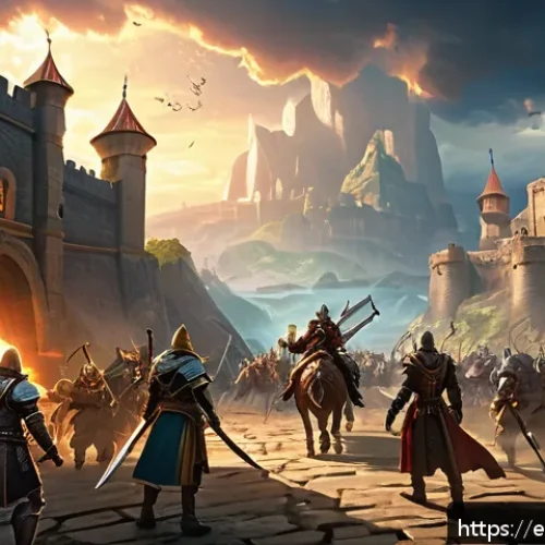 히트2 길드 활동 보상 정리 - A vibrant guild battle scene in a fantasy MMORPG setting, featuring diverse players in detailed armo...