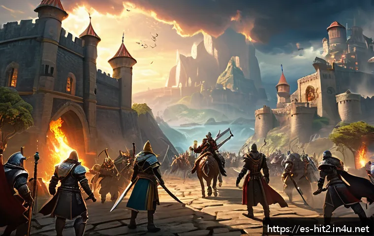 히트2 길드 활동 보상 정리 - A vibrant guild battle scene in a fantasy MMORPG setting, featuring diverse players in detailed armo...
