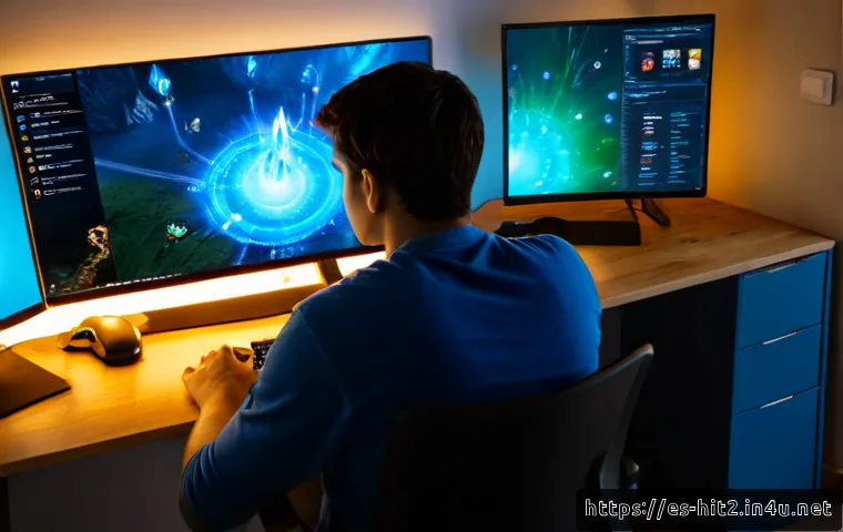 Home 16 히트2 스킬 연계 분석 - Photorealistic cinematic gaming analysis scene, focused young adult player at a clean desk studying ...