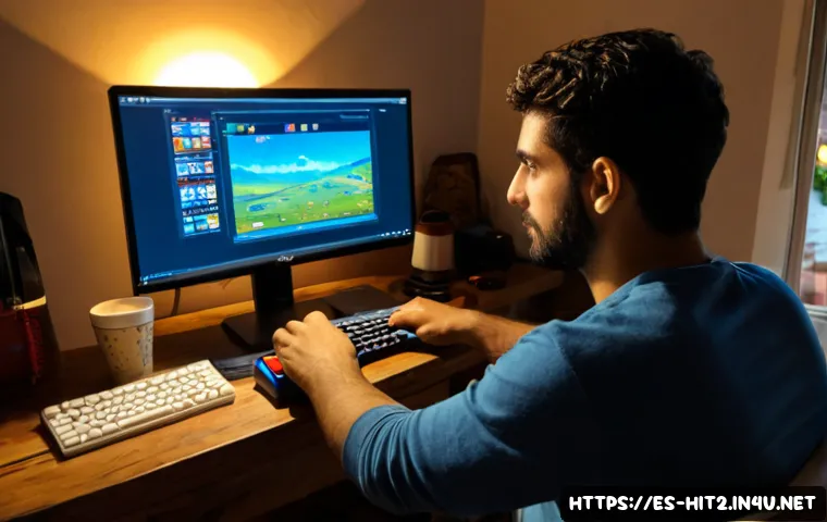 히트2 유저간 거래 팁 - Photorealistic over-the-shoulder view of an adult Spanish gamer at a tidy home desk, carefully compa...